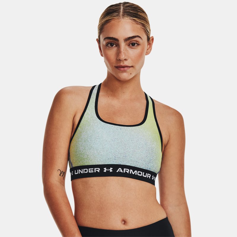 Under Armour Women's Armour® Mid Crossback Printed Sports Bra Halo Gray / Lime Yellow / White L
